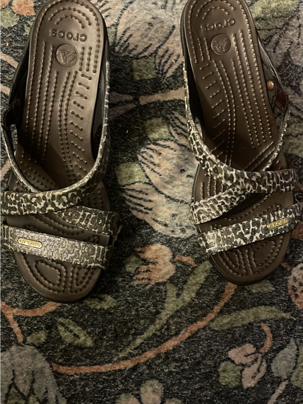 CROCS Brown and Cream Patterned Slide Sandals - Picture 2 of 6